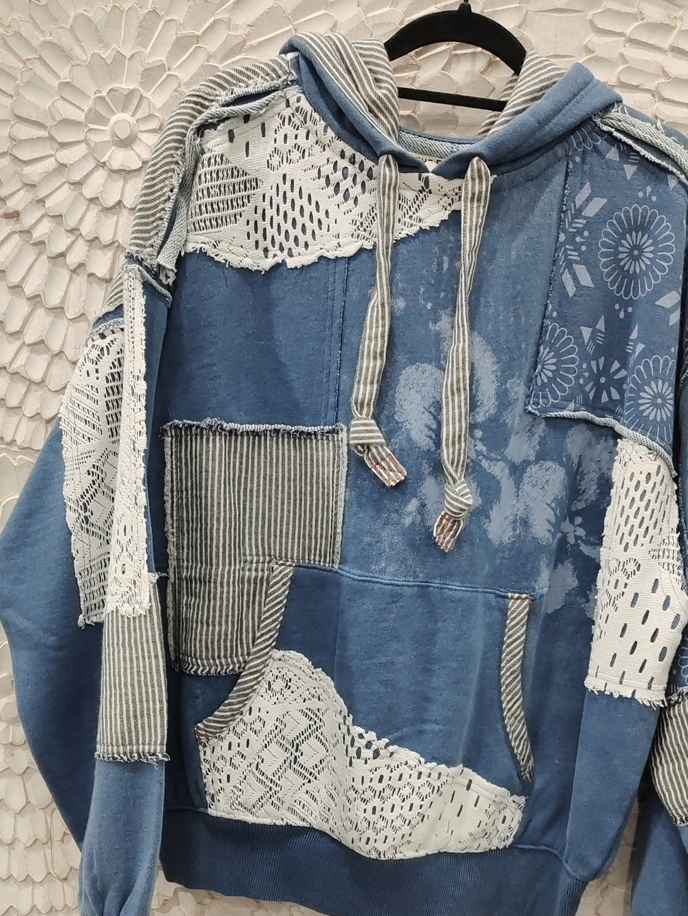 Free People Tattered Romance Hoodie Blue Patchwork Mix Pullover Hoodie - Picture 5 of 9
